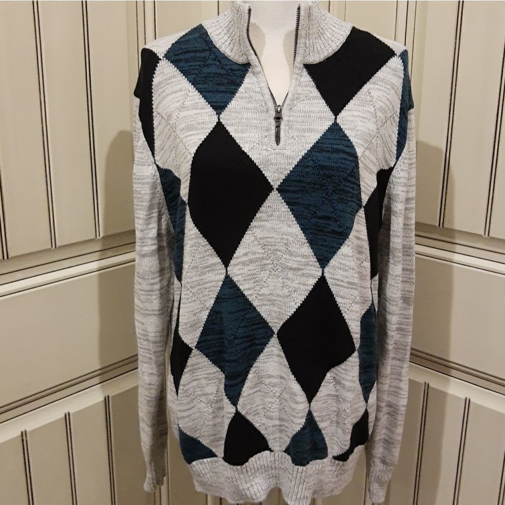 CARBON Mens Sweater 1/4 Zip Argyle Green Gray Black Size Large